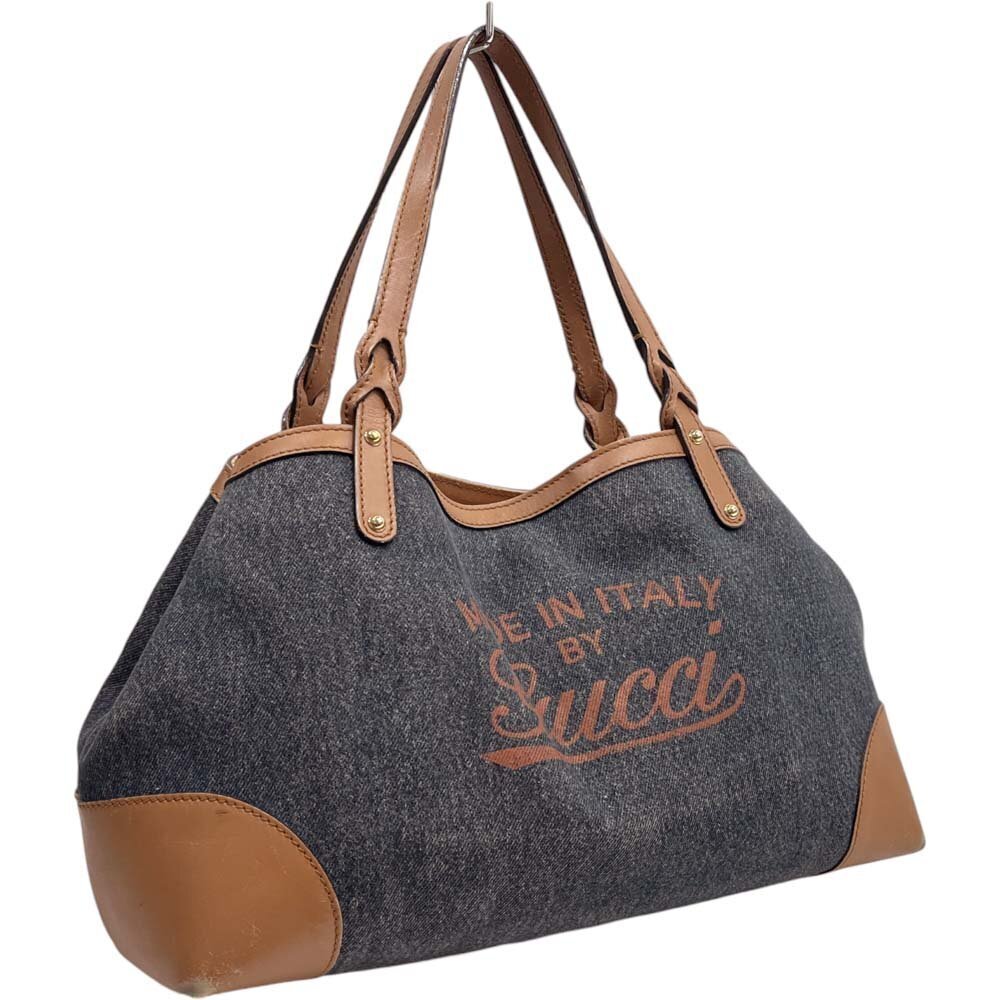Gucci Denim Tote Bag Handbag Shoulder Open Pocket Zipper